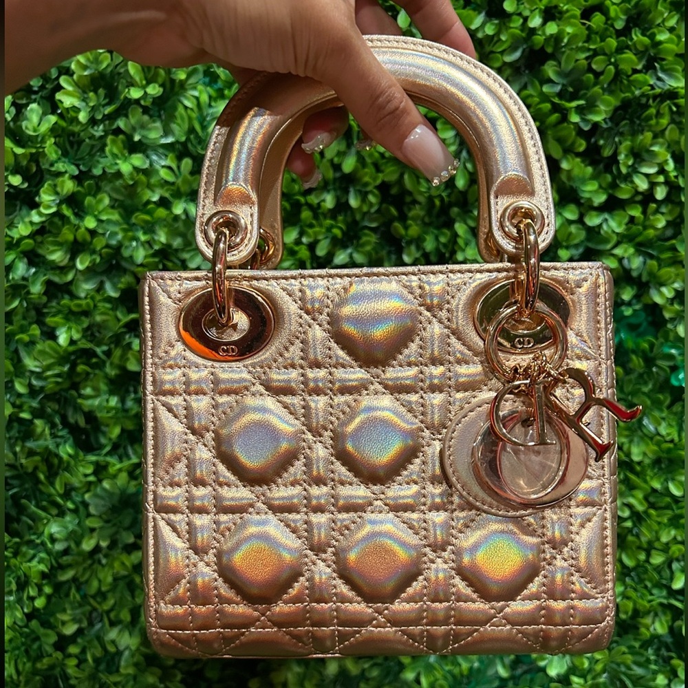Like new Rose gold pink iridescent metallic cannage mini lady dior bag from 2023